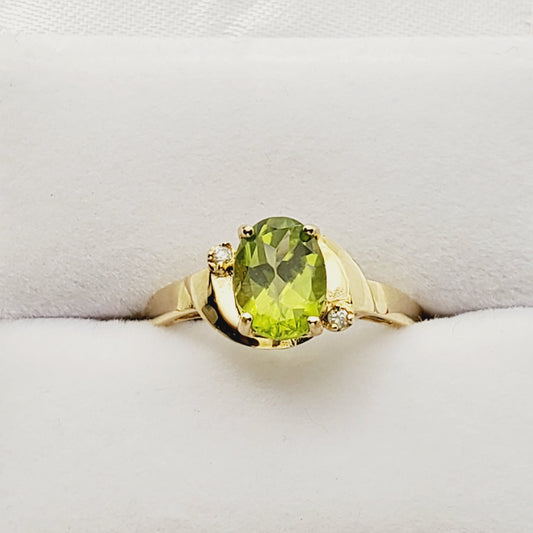 Gold Peridot Ring | 10K Yellow Gold Genuine Peridot 8x6mm With Diamond (0.02ct) Ring, August Birthstone