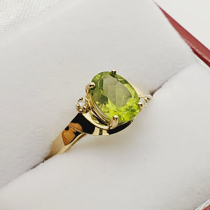 Gold Peridot Ring | 10K Yellow Gold Genuine Peridot 8x6mm With Diamond (0.02ct) Ring, August Birthstone