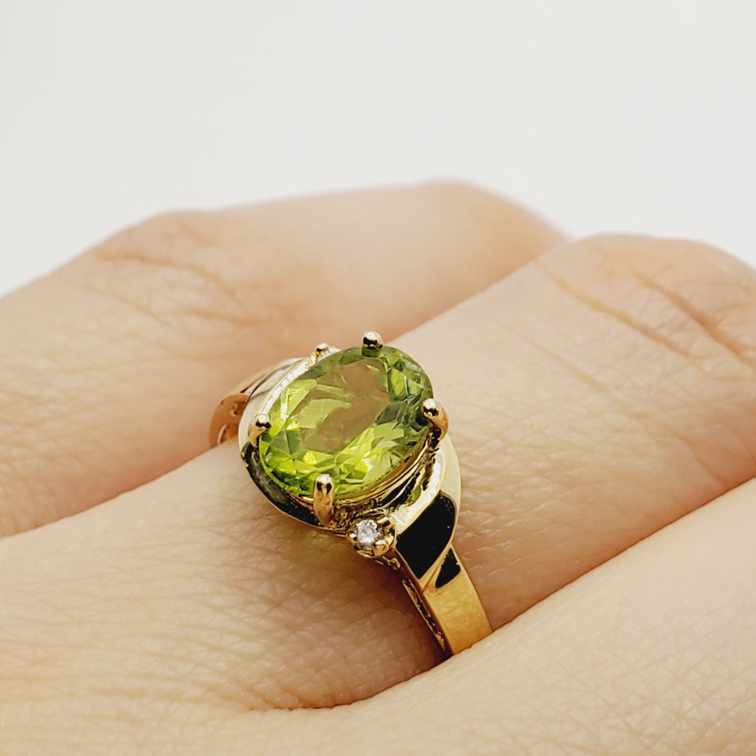 Gold Peridot Ring | 10K Yellow Gold Genuine Peridot 8x6mm With Diamond (0.02ct) Ring, August Birthstone