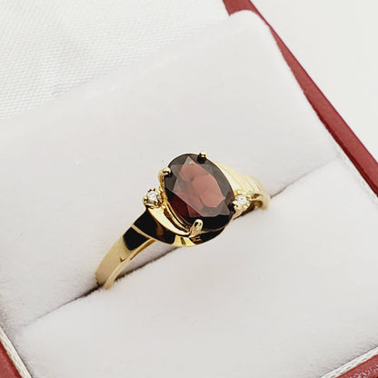 Gold Garnet Ring, 10K Yellow Gold Genuine Garnet 8x6mm With Diamonds Ring, January Birthstone, Ring For Women, Natural Garnet Ring