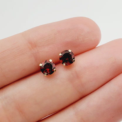 Gold Garnet Earrings, Solid Gold Genuine Garnet 4x4mm Stud Earrings, January Birthstone, Earrings For Women, Handmade Earrings