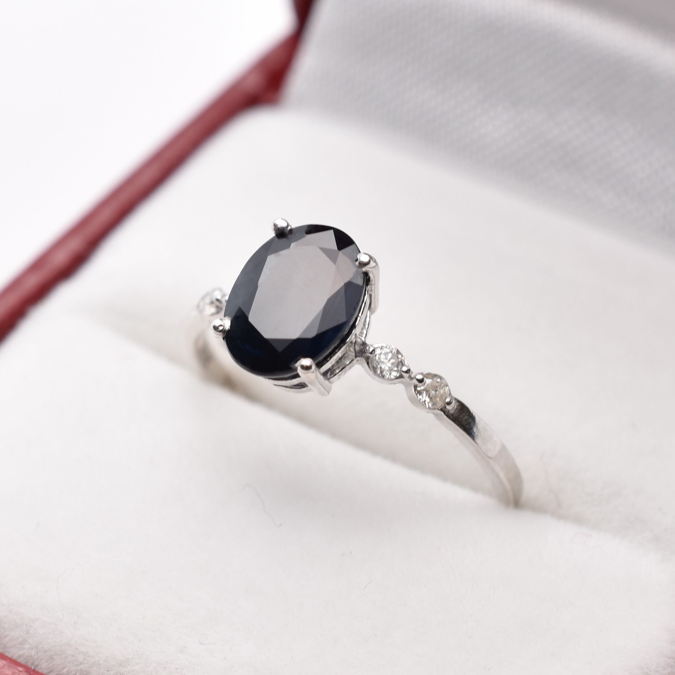 Gold Blue Sapphire Ring, 10K White Gold Natural Sapphire 8x6mm with Diamond Gemstone Women Rings, Engagement Rings, September Birthday Gift
