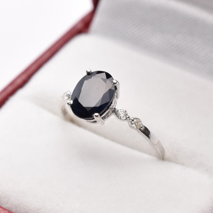 Gold Blue Sapphire Ring, 10K White Gold Natural Sapphire 8x6mm with Diamond Gemstone Women Rings, Engagement Rings, September Birthday Gift