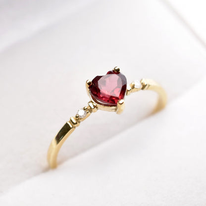 Gold Garnet Ring, 10K Yellow Gold Heart Shape Garnet 5x5mm With Diamond (0.02ct) Ring, January Birthstone, Ring For Women, Birthstone Ring