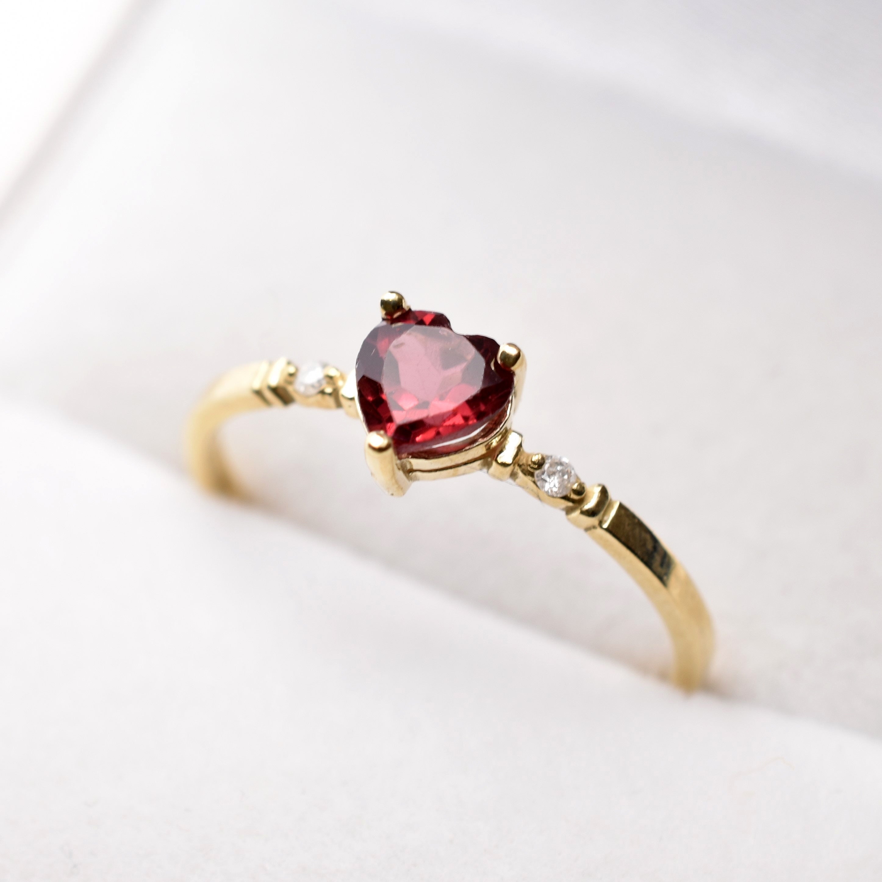 Gold Garnet Ring, 10K Yellow Gold Heart Shape Garnet 5x5mm With Diamond (0.02ct) Ring, January Birthstone, Ring For Women, Birthstone Ring