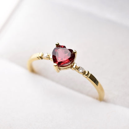 Gold Garnet Ring, 10K Yellow Gold Heart Shape Garnet 5x5mm With Diamond (0.02ct) Ring, January Birthstone, Ring For Women, Birthstone Ring