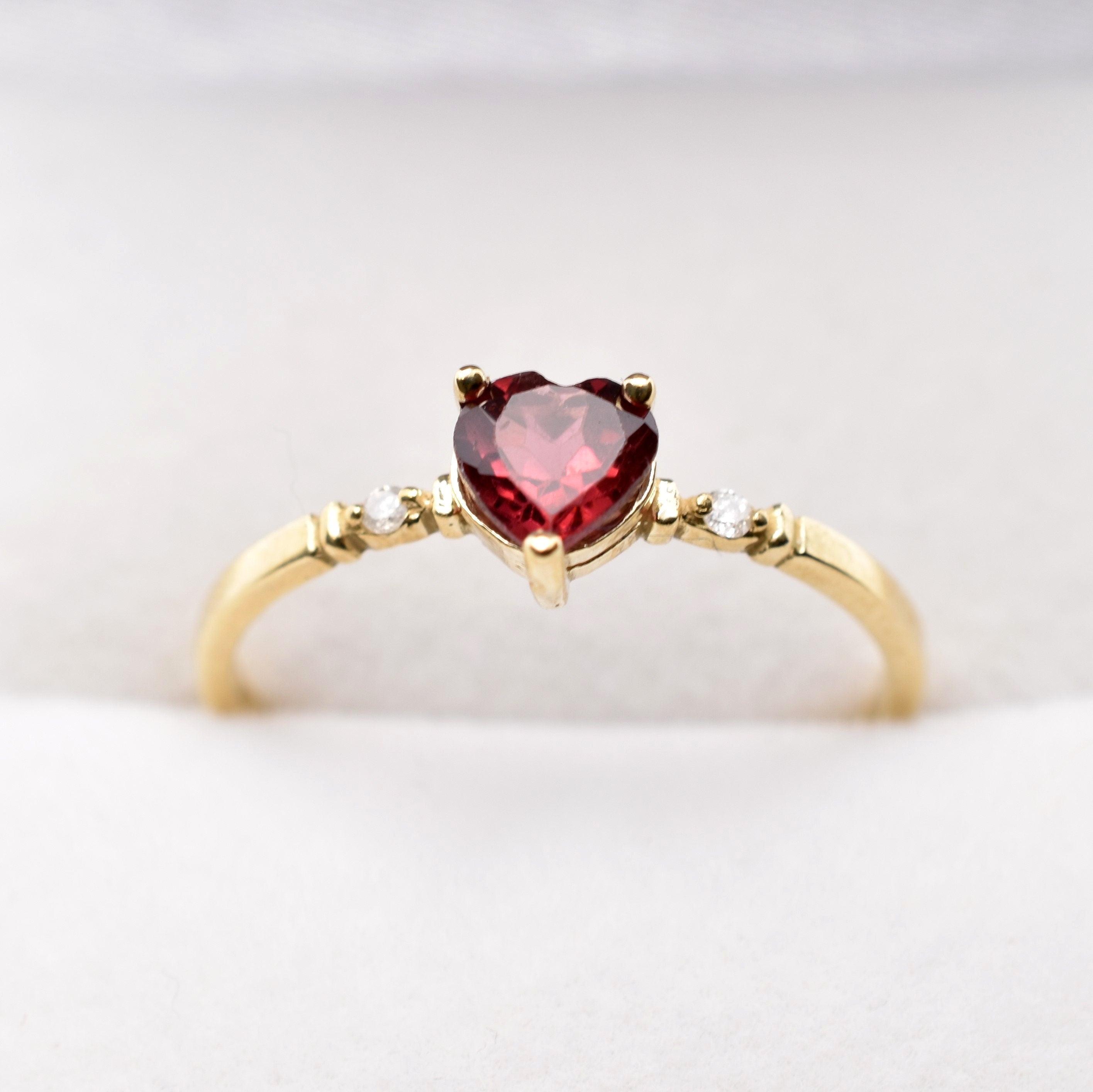 Gold Garnet Ring, 10K Yellow Gold Heart Shape Garnet 5x5mm With Diamond (0.02ct) Ring, January Birthstone, Ring For Women, Birthstone Ring