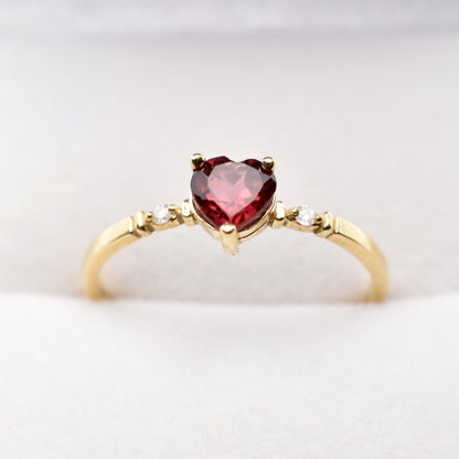 Gold Garnet Ring, 10K Yellow Gold Heart Shape Garnet 5x5mm With Diamond (0.02ct) Ring, January Birthstone, Ring For Women, Birthstone Ring