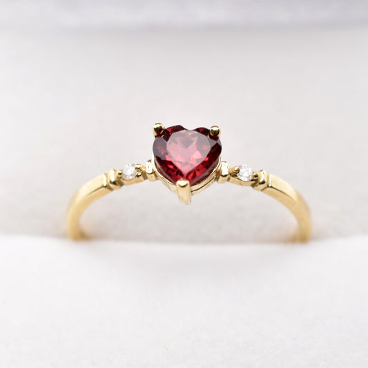 Gold Garnet Ring, 10K Yellow Gold Heart Shape Garnet 5x5mm With Diamond (0.02ct) Ring, January Birthstone, Ring For Women, Birthstone Ring