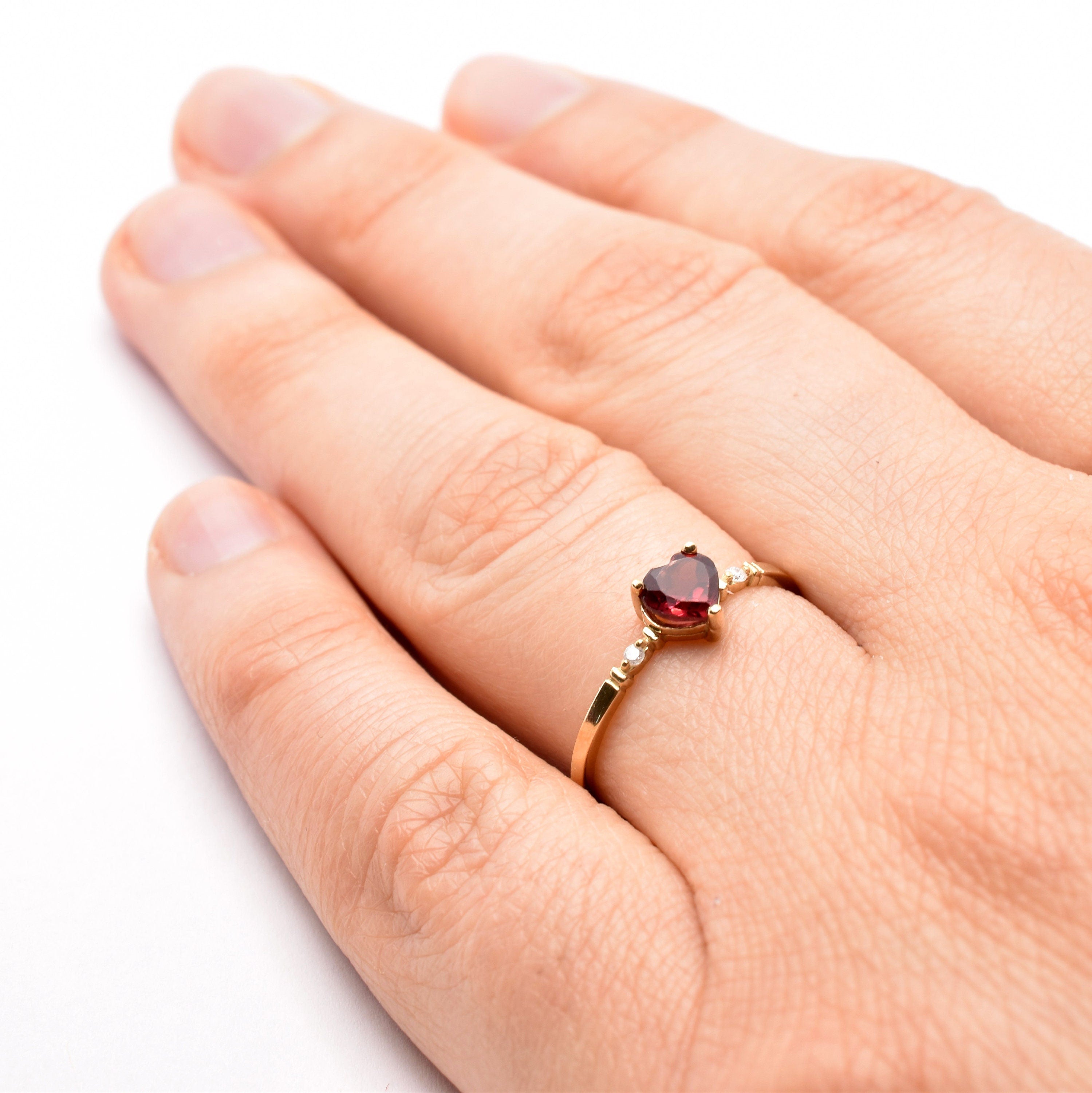 Gold Garnet Ring, 10K Yellow Gold Heart Shape Garnet 5x5mm With Diamond (0.02ct) Ring, January Birthstone, Ring For Women, Birthstone Ring