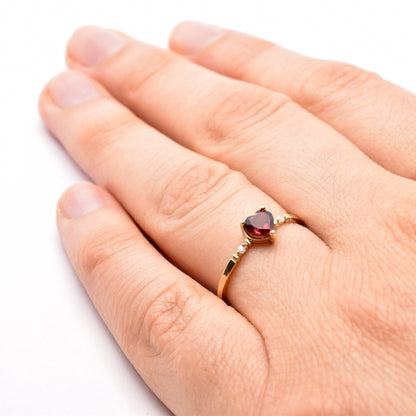Gold Garnet Ring, 10K Yellow Gold Heart Shape Garnet 5x5mm With Diamond (0.02ct) Ring, January Birthstone, Ring For Women, Birthstone Ring
