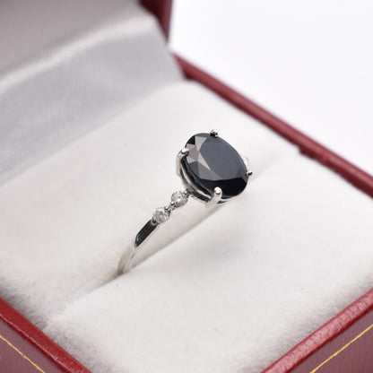Gold Blue Sapphire Ring, 10K White Gold Natural Sapphire 8x6mm with Diamond Gemstone Women Rings, Engagement Rings, September Birthday Gift