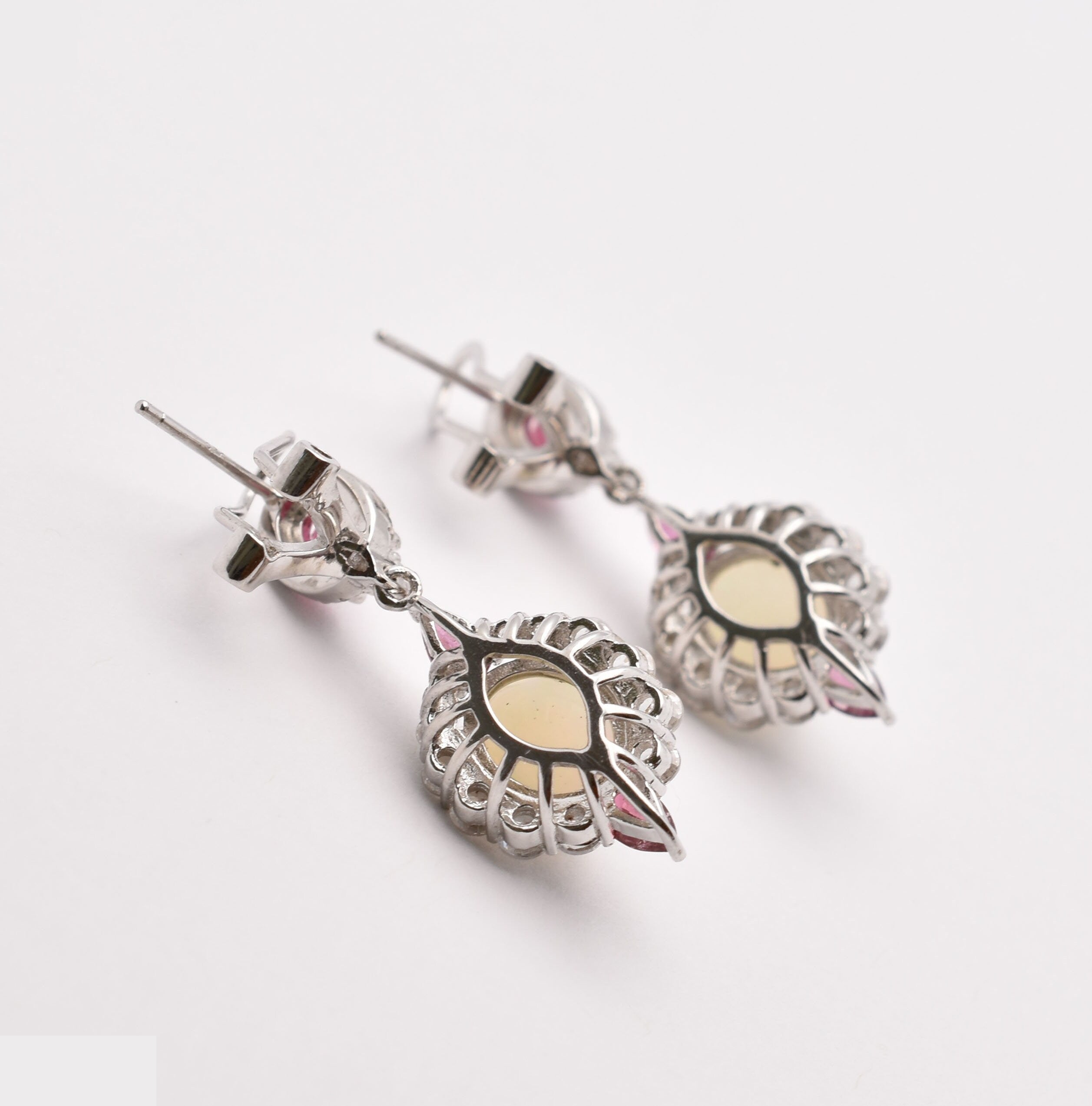 Silver Natural Opal and Tourmaline Drop Earrings, Fancy Drop Earrings with Natural Gemstone