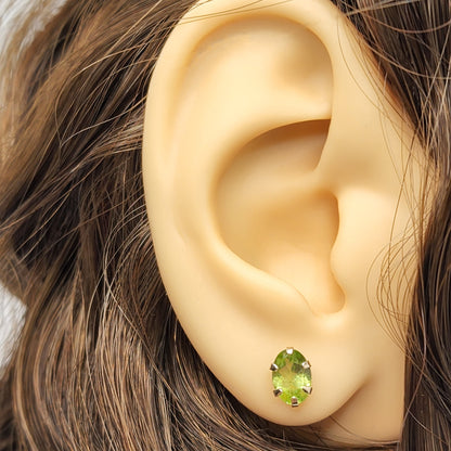 Gold Peridot Stud Earrings, 10K Yellow Gold Genuine Peridot 7x5mm Earrings, Stunning August Birthstone Treasure, Green Gemstone jewelry