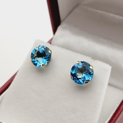 Gold Blue Topaz Earrings, 10K Yellow Gold Round Genuine Blue Topaz 8mm Stud Earrings, December Birthstone