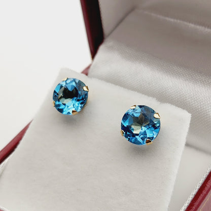 10K Yellow Gold Blue Topaz 7x7mm Stud Earrings: December Birthstone