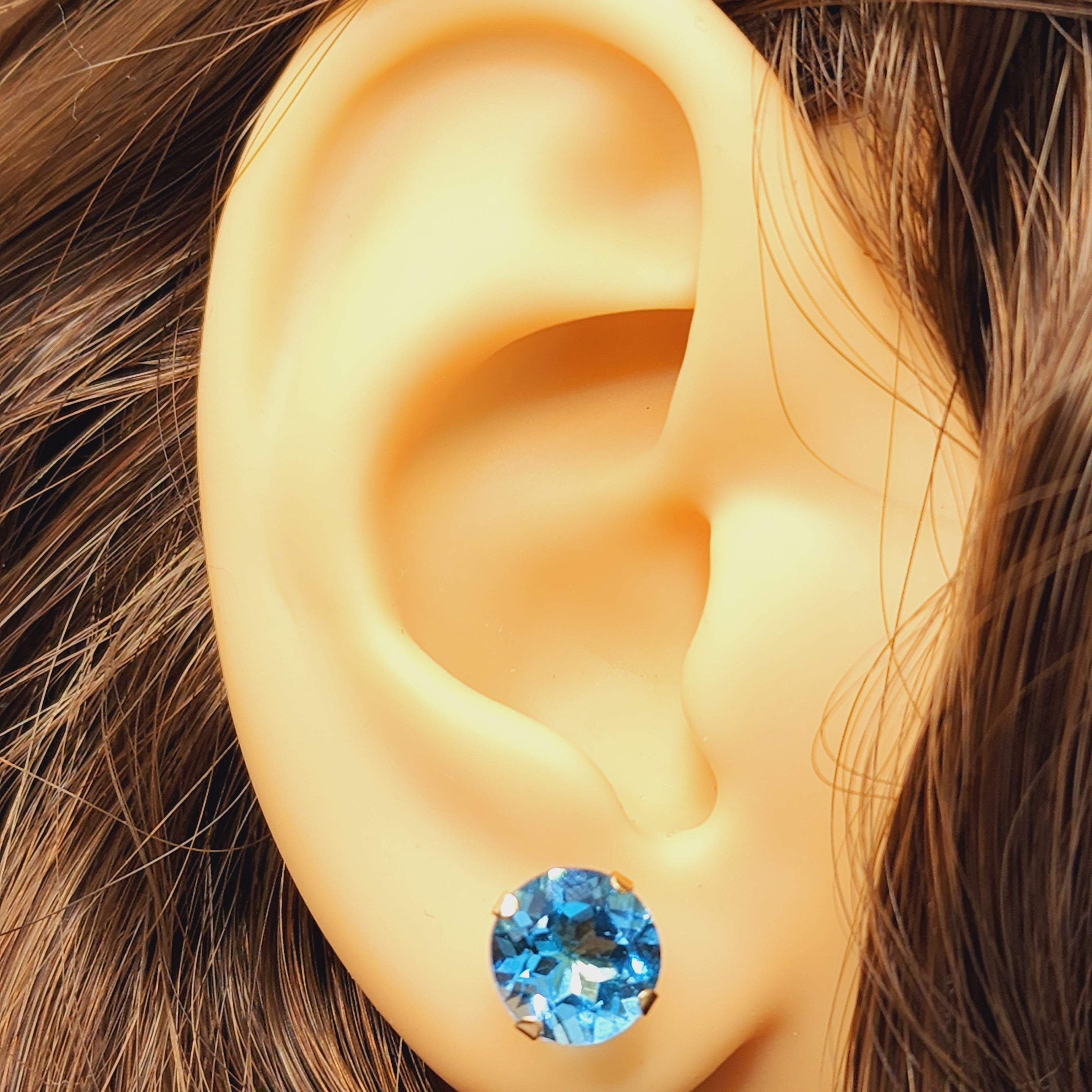 Gold Blue Topaz Earrings, 10K Yellow Gold Round Genuine Blue Topaz 8mm Stud Earrings, December Birthstone