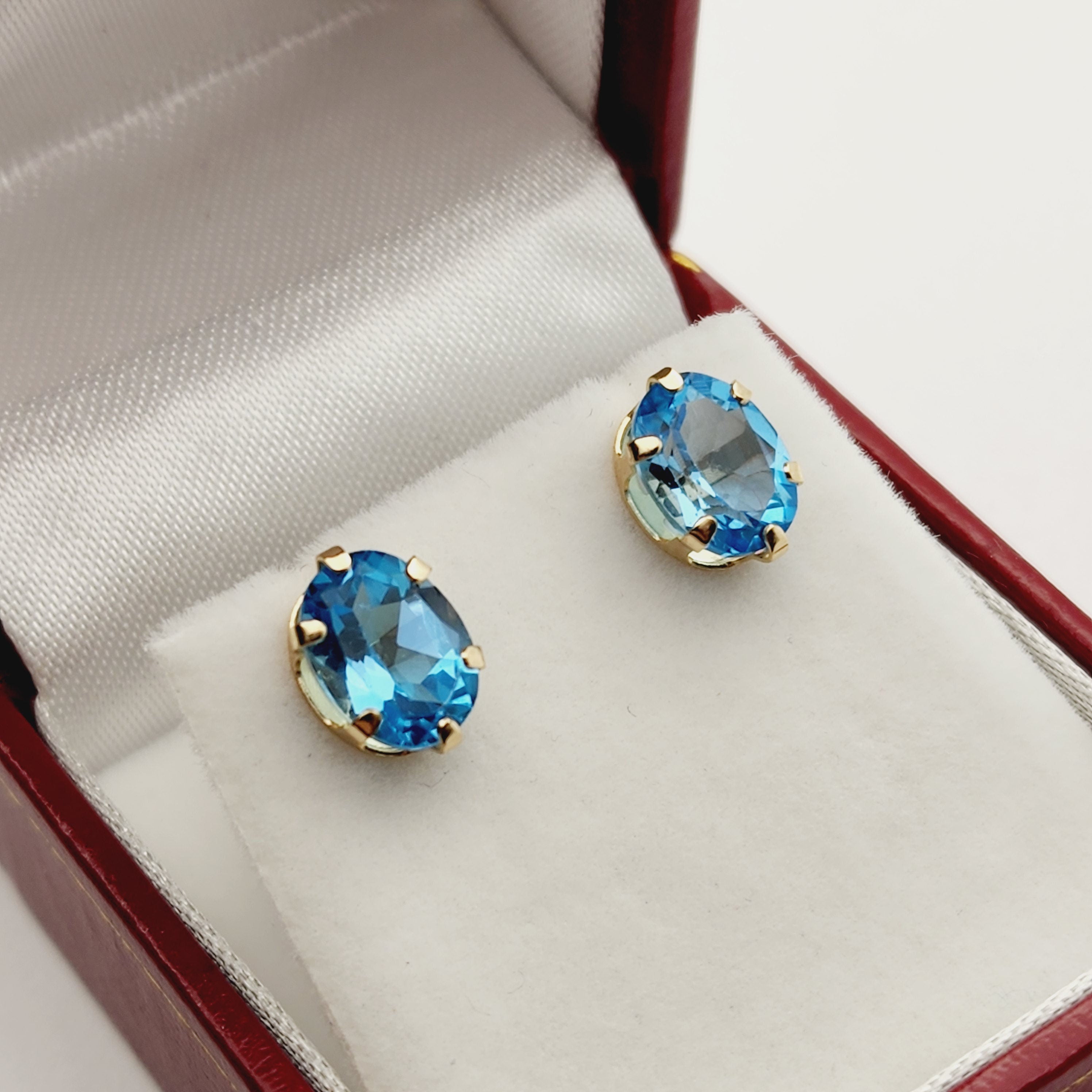Blue Topaz Earrings, 10K Yellow Gold Blue Topaz 9x7mm Stud Earrings,  Handmade Earrings, Gemstone Earrings, December Birthstone