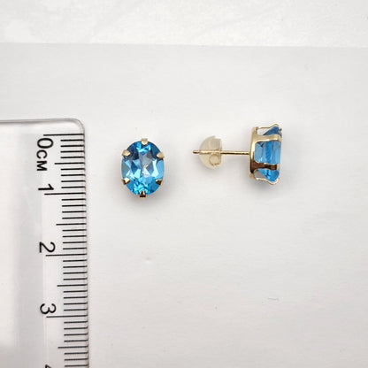 Blue Topaz Earrings, 10K Yellow Gold Blue Topaz 9x7mm Stud Earrings,  Handmade Earrings, Gemstone Earrings, December Birthstone