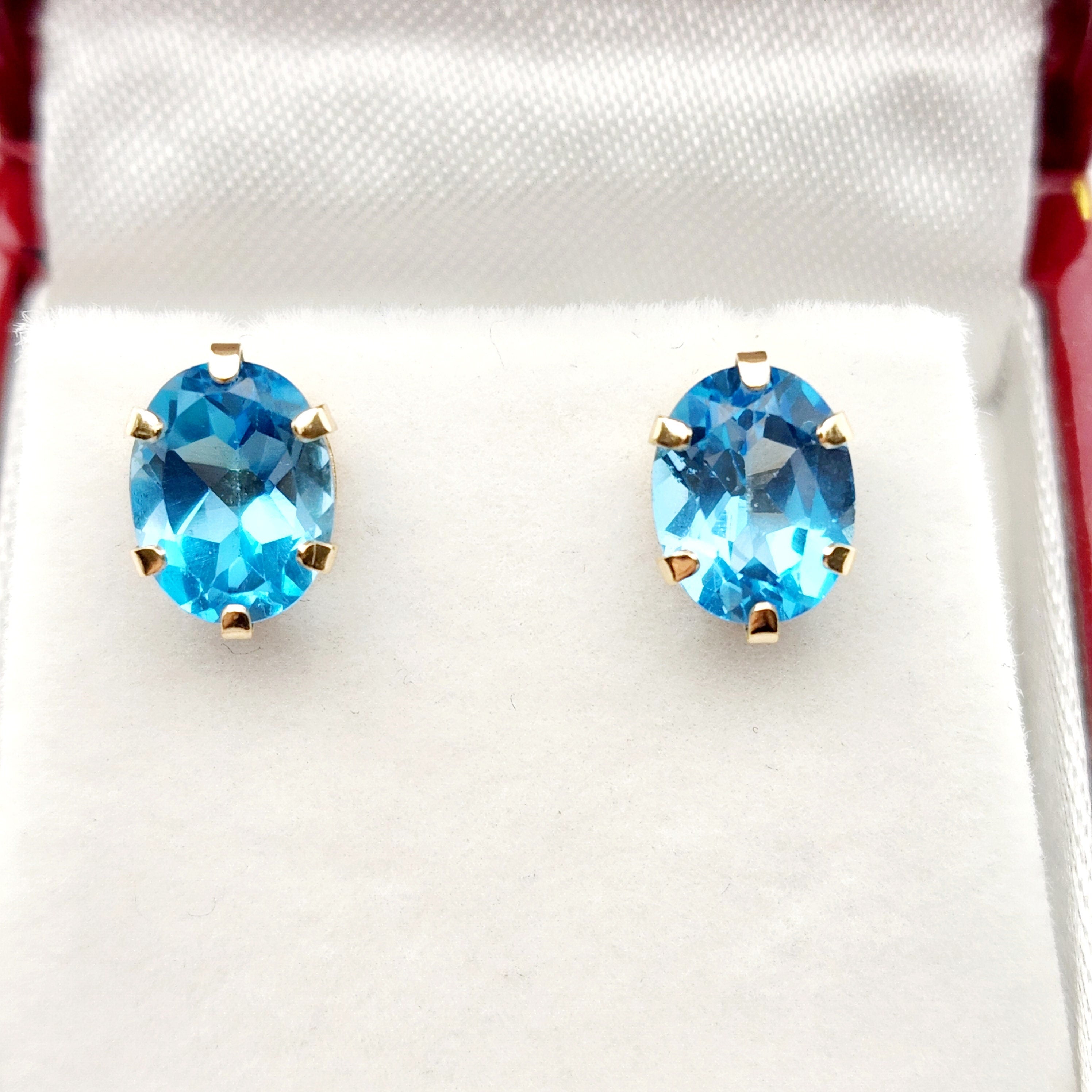 Blue Topaz Earrings, 10K Yellow Gold Blue Topaz 9x7mm Stud Earrings,  Handmade Earrings, Gemstone Earrings, December Birthstone