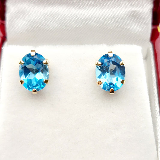 Blue Topaz Earrings, 10K Yellow Gold Blue Topaz 9x7mm Stud Earrings,  Handmade Earrings, Gemstone Earrings, December Birthstone