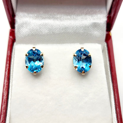 Blue Topaz Earrings, 10K Yellow Gold Blue Topaz 9x7mm Stud Earrings,  Handmade Earrings, Gemstone Earrings, December Birthstone