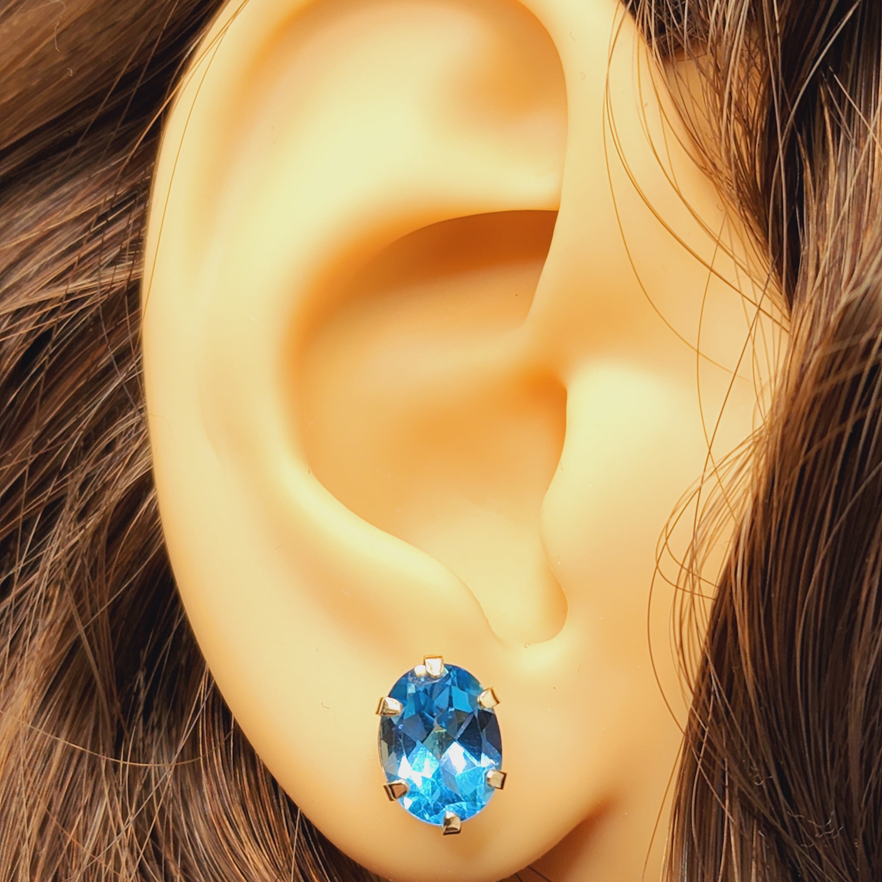 Blue Topaz Earrings, 10K Yellow Gold Blue Topaz 9x7mm Stud Earrings,  Handmade Earrings, Gemstone Earrings, December Birthstone