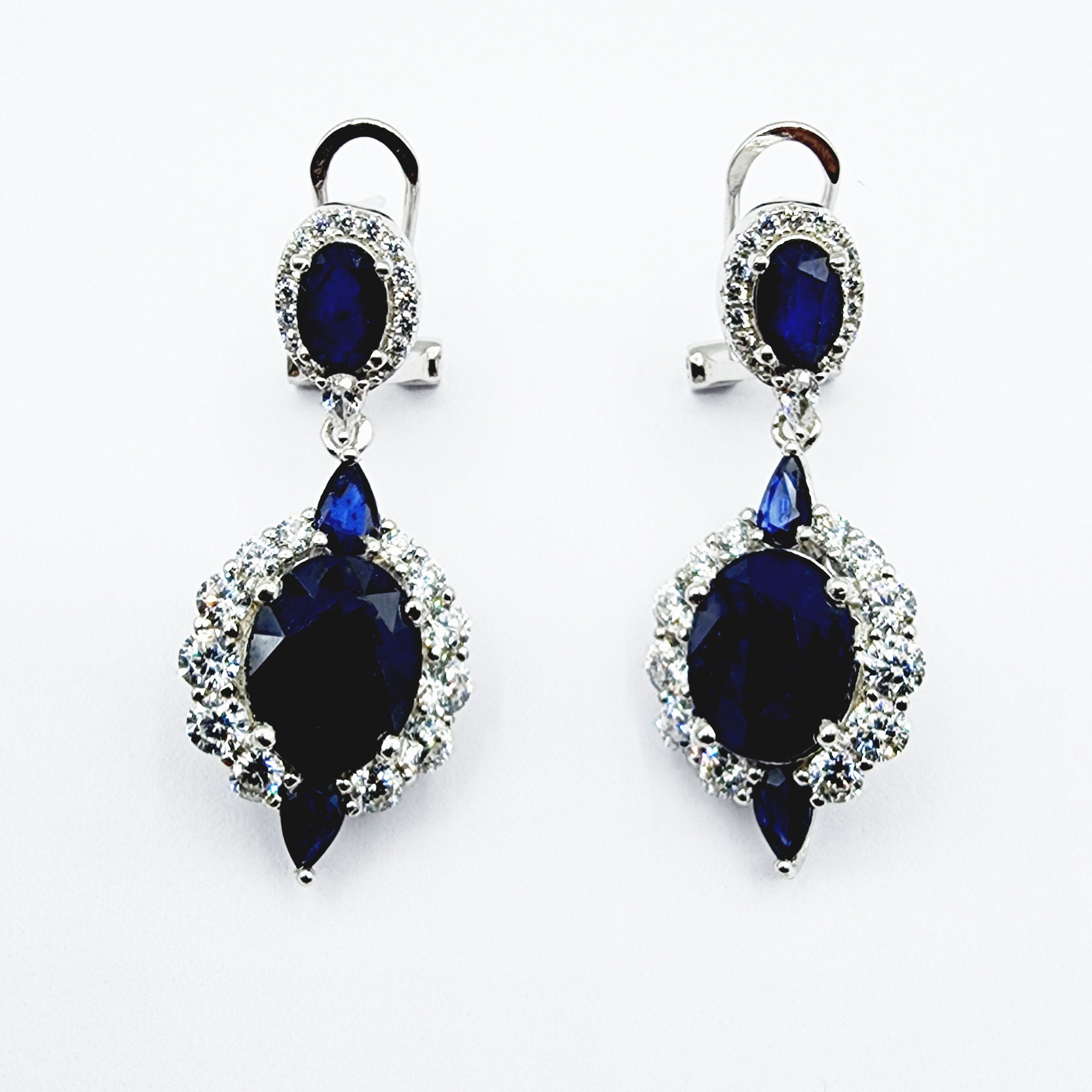 Blue Sapphire Earrings | Sterling Silver Fancy Drop Style Earrings with Natural Blue Sapphire (7.54ct)