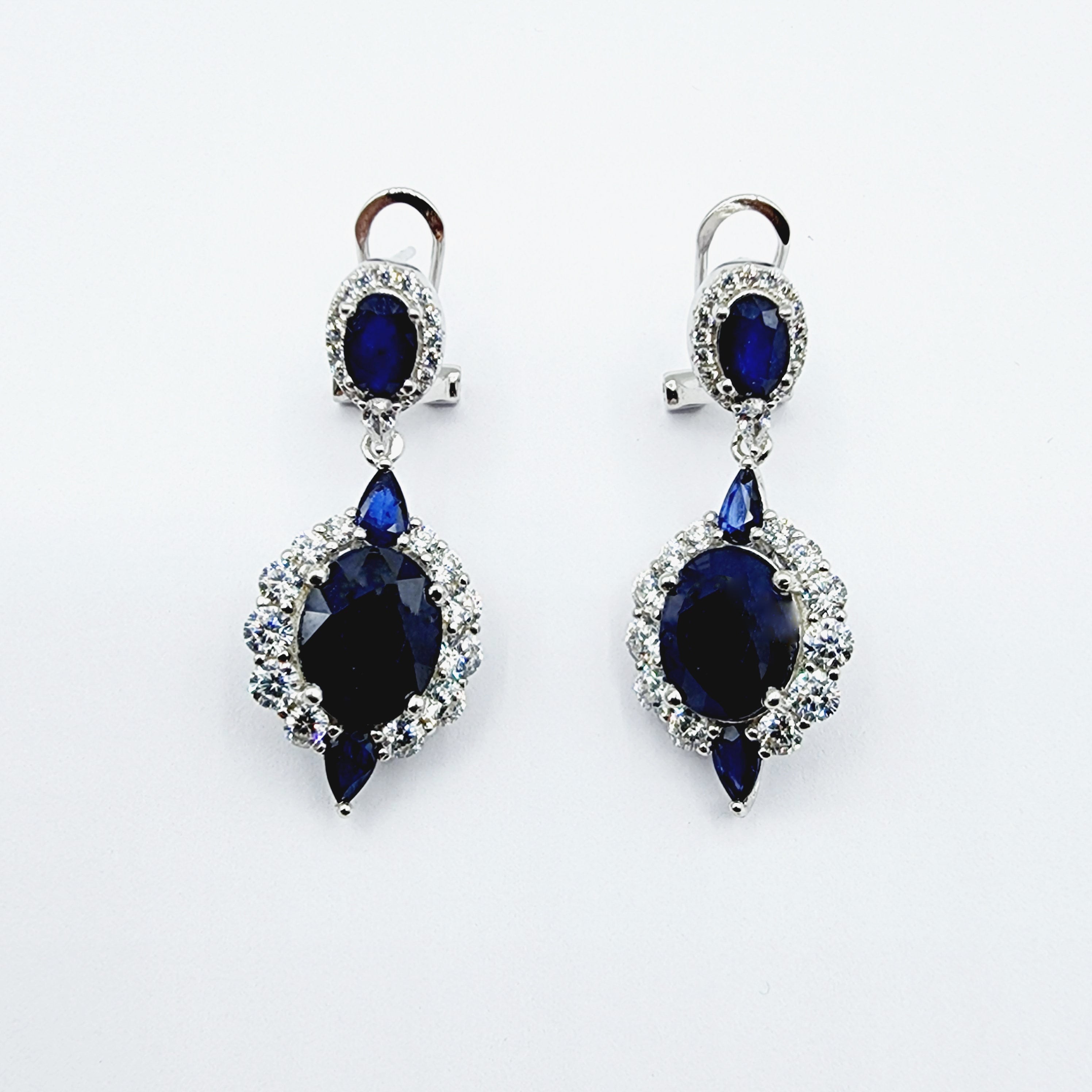 Blue Sapphire Earrings | Sterling Silver Fancy Drop Style Earrings with Natural Blue Sapphire (7.54ct)