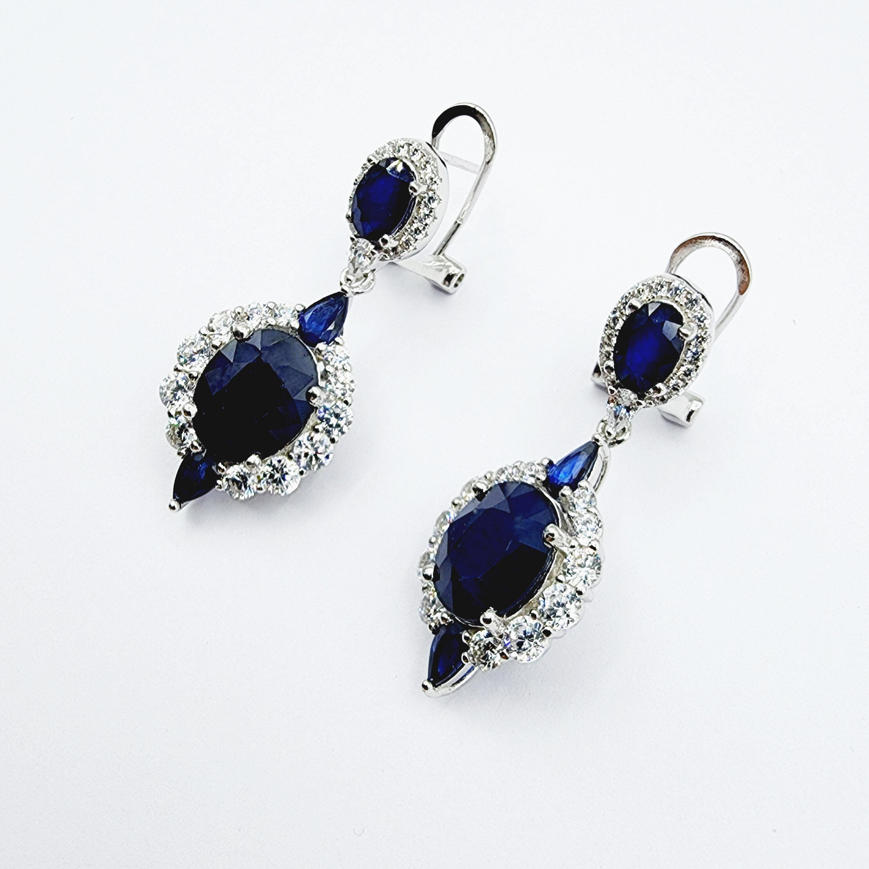 Blue Sapphire Earrings | Sterling Silver Fancy Drop Style Earrings with Natural Blue Sapphire (7.54ct)