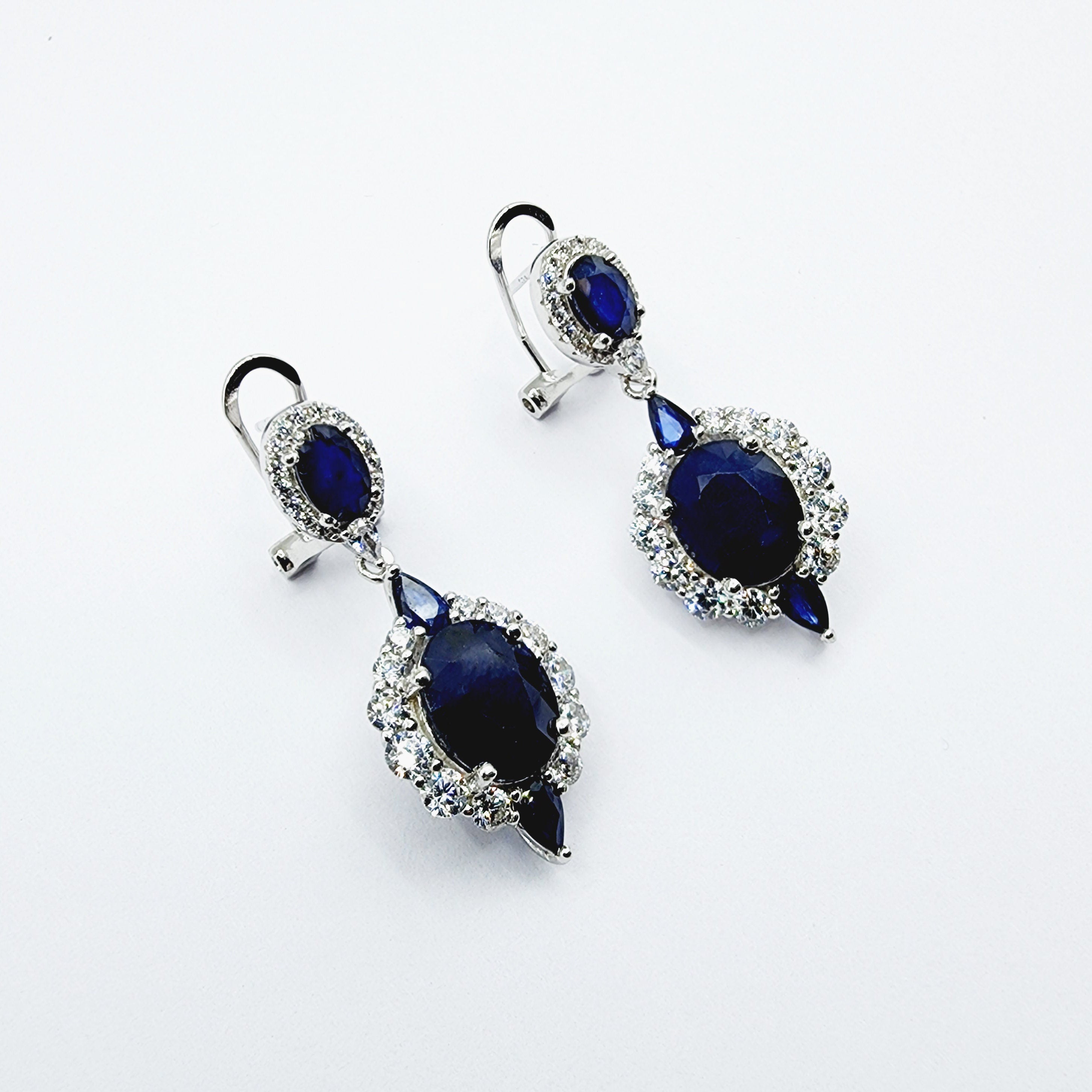 Blue Sapphire Earrings | Sterling Silver Fancy Drop Style Earrings with Natural Blue Sapphire (7.54ct)