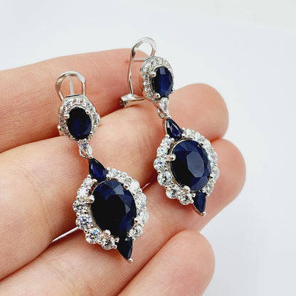 Blue Sapphire Earrings | Sterling Silver Fancy Drop Style Earrings with Natural Blue Sapphire (7.54ct)