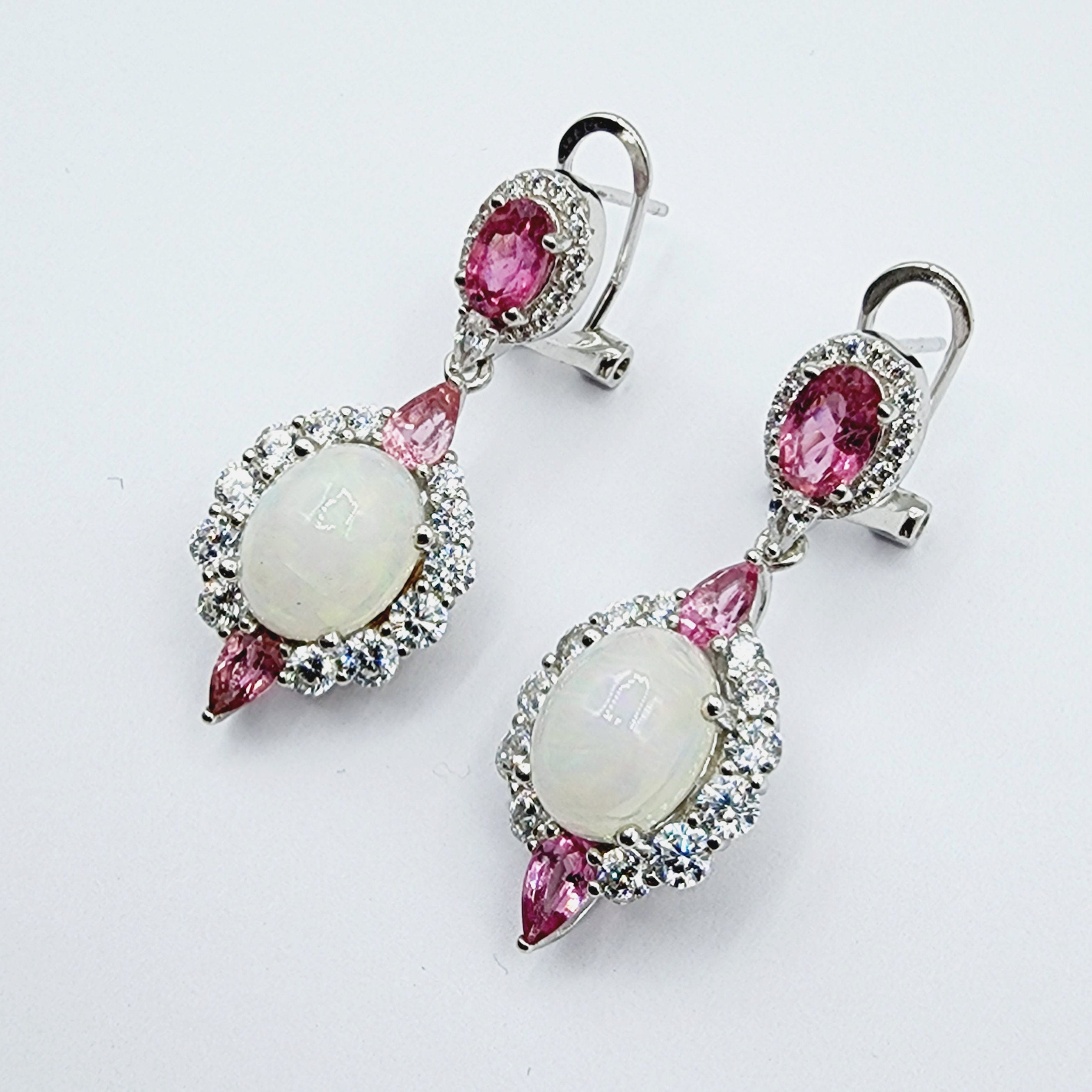 Silver Natural Opal and Tourmaline Drop Earrings, Fancy Drop Earrings with Natural Gemstone