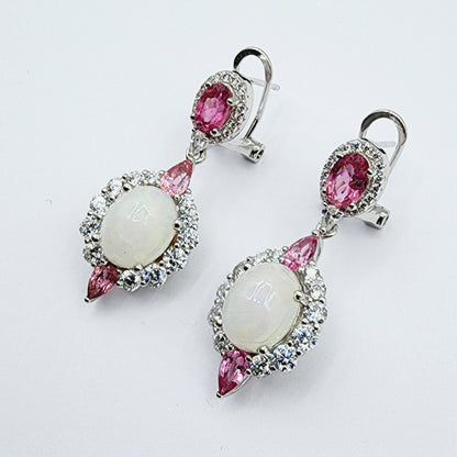 Silver Natural Opal and Tourmaline Drop Earrings, Fancy Drop Earrings with Natural Gemstone