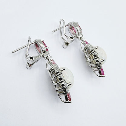 Silver Natural Opal and Tourmaline Drop Earrings, Fancy Drop Earrings with Natural Gemstone
