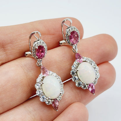 Silver Natural Opal and Tourmaline Drop Earrings, Fancy Drop Earrings with Natural Gemstone