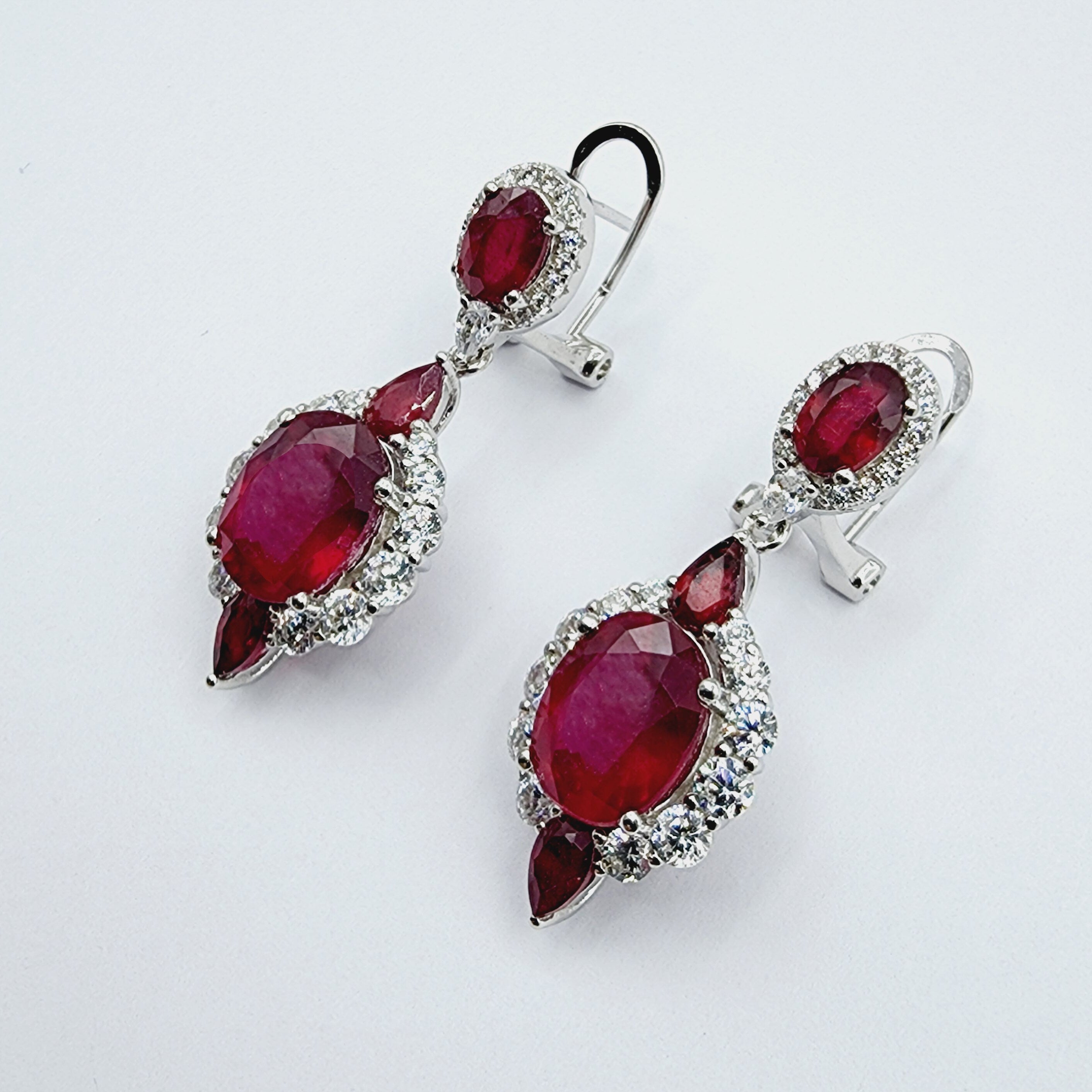 Silver Drop Ruby Earrings | Sterling Silver Fancy Drop Style Earrings with Ruby (7.54cts) and CZ