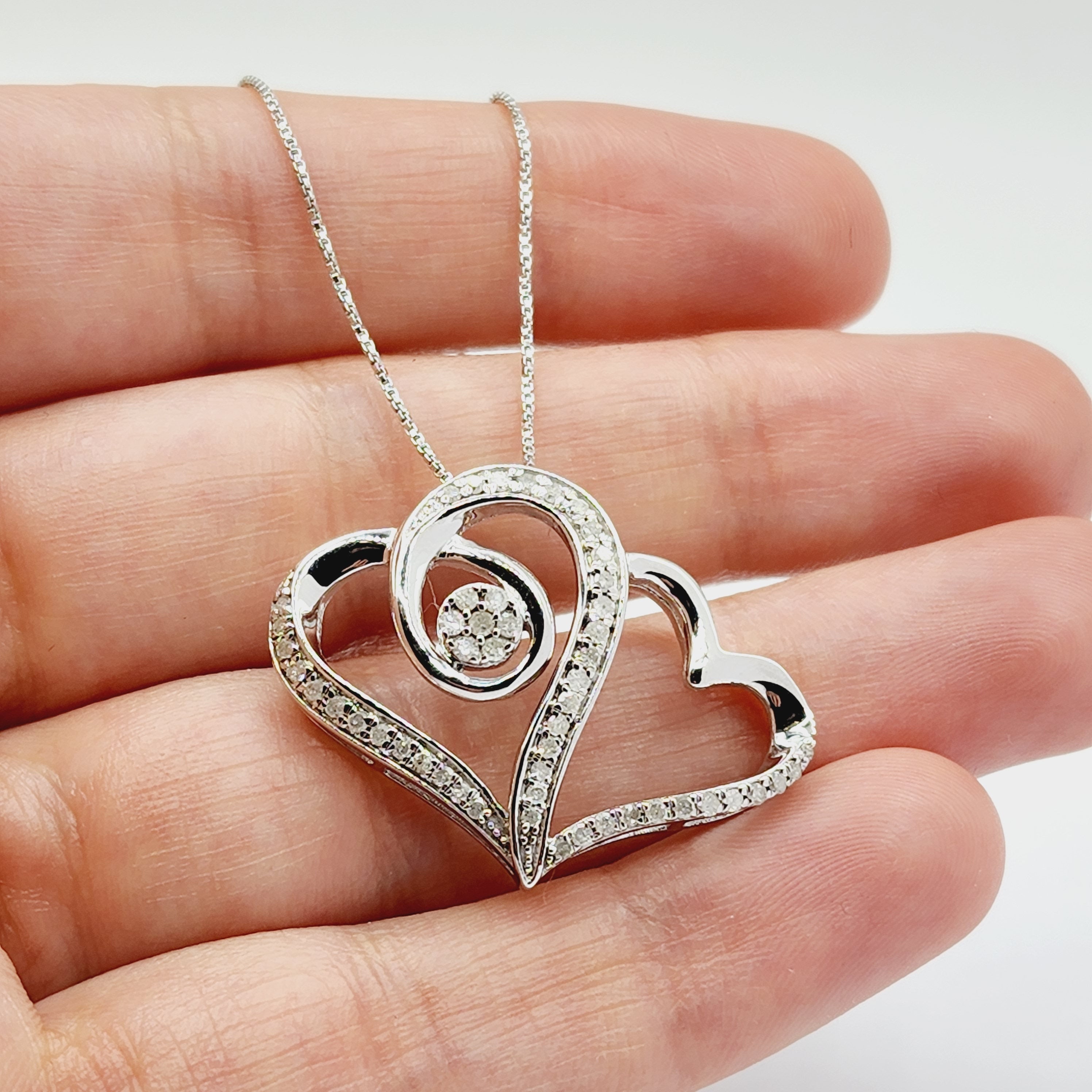 Silver Diamond Heart Pendant , Twice the loving Diamond Hearts Pendant in Sterling Silver