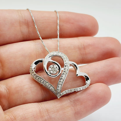 Silver Diamond Heart Pendant , Twice the loving Diamond Hearts Pendant in Sterling Silver