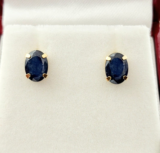 Gold Blue Sapphire Earrings, 14K Gold Natural Blue Sapphire 7x5mm Stud Earrings, September Birthstone, Sapphire Jewelry, Gift for Mom