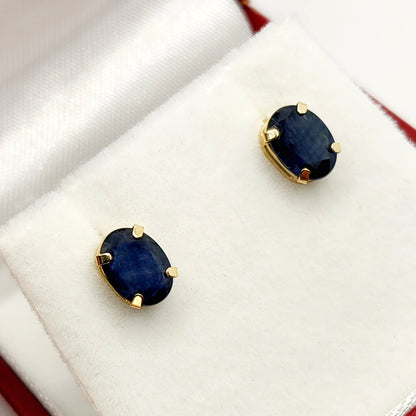 Gold Blue Sapphire Earrings, 14K Gold Natural Blue Sapphire 7x5mm Stud Earrings, September Birthstone, Sapphire Jewelry, Gift for Mom