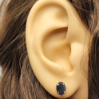 Gold Blue Sapphire Earrings, 14K Gold Natural Blue Sapphire 7x5mm Stud Earrings, September Birthstone, Sapphire Jewelry, Gift for Mom