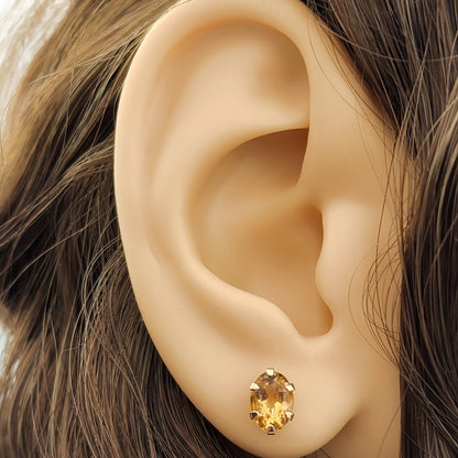 Gold Citrine Stud Earrings, 10K Yellow Gold Genuine Citrine 7x5mm Stud Earrings, November Birthstone