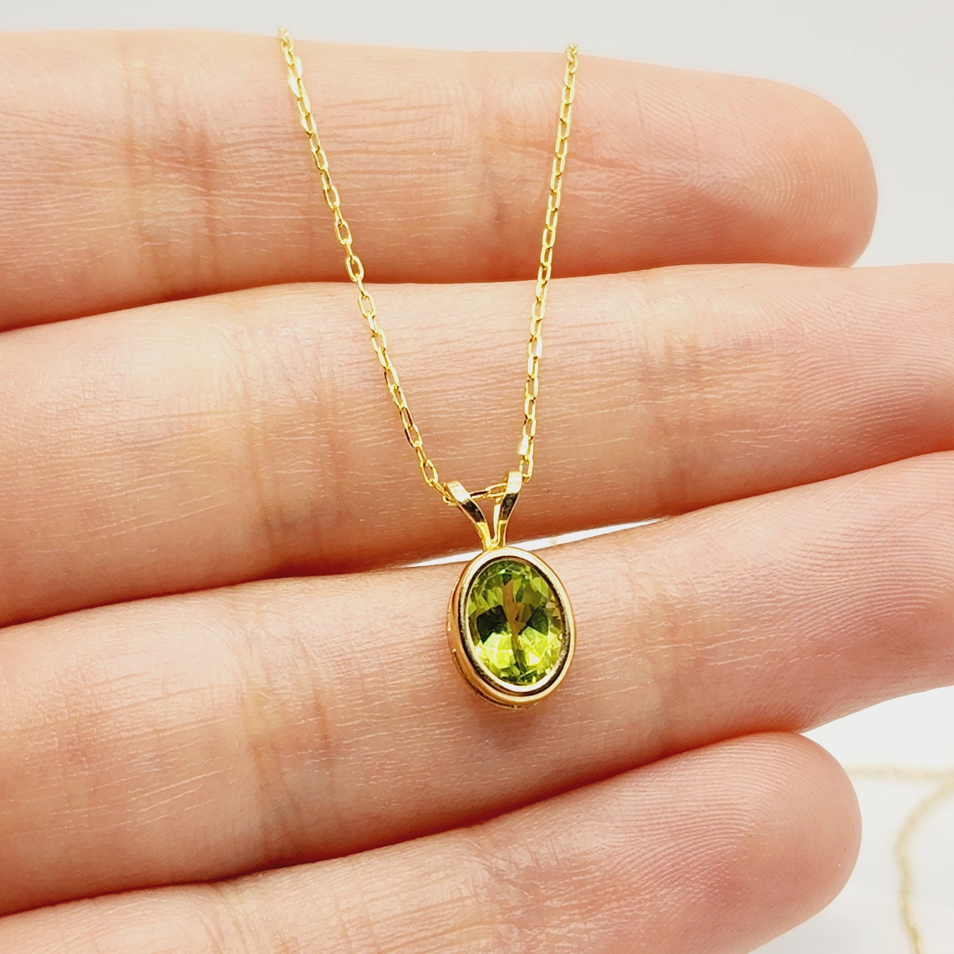 Gold Peridot Pendant Necklace, 14K Yellow Gold Genuine Oval