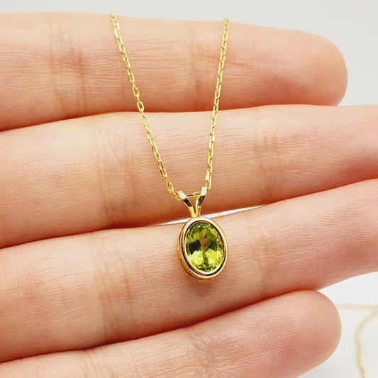 Gold Peridot Pendant Necklace, 14K Yellow Gold Genuine Oval Peridot 8x6mm Bezel Pendant Necklace, August Birthstone, Green Gemstone Jewelry