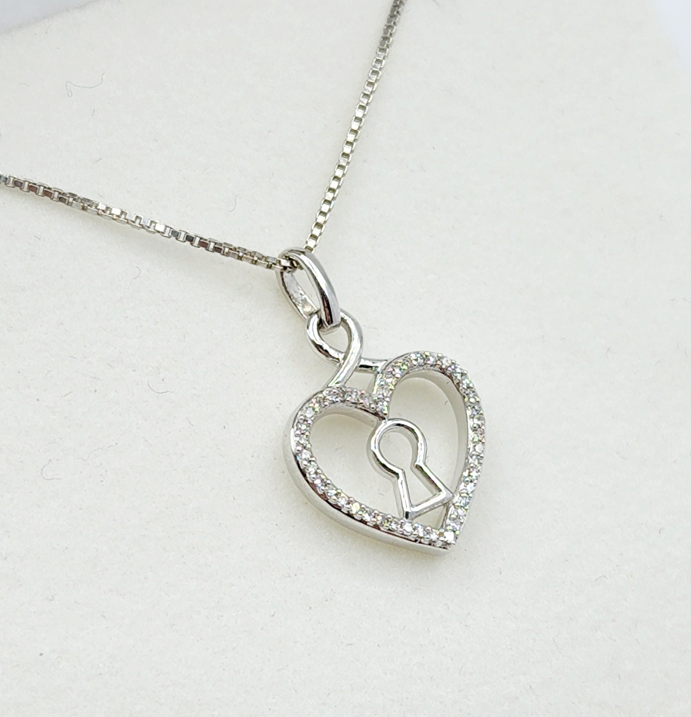 Silver Diamond Pendant Necklace, Heart Shape with Key hold Necklace,
