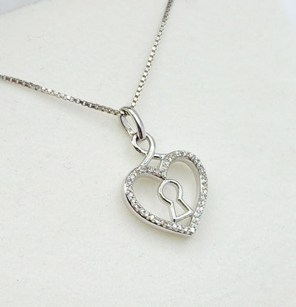 Silver Diamond Pendant Necklace, Heart Shape with Key hold Necklace,