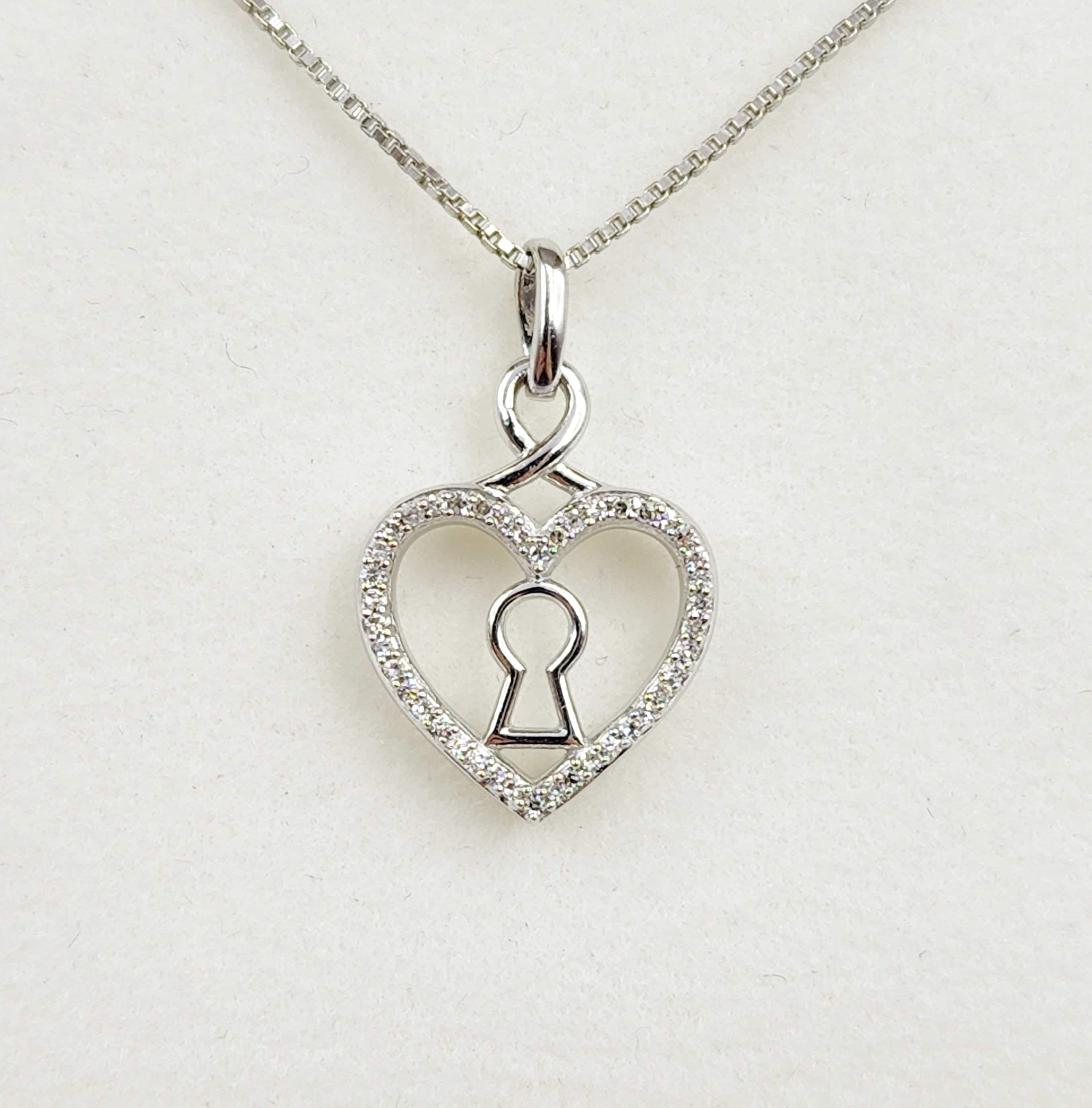 Silver Diamond Pendant Necklace, Heart Shape with Key hold Necklace,