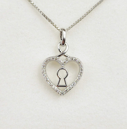 Silver Diamond Pendant Necklace, Heart Shape with Key hold Necklace,