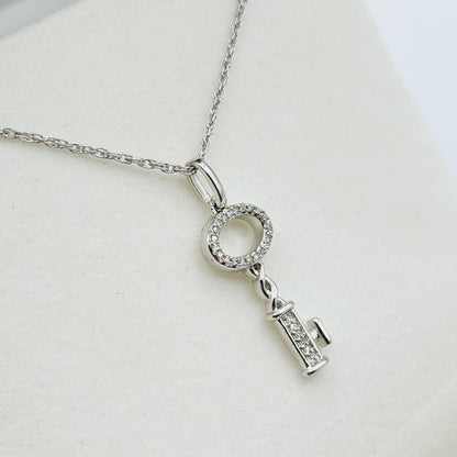 Diamond Pendant Necklace , 925 Sterling Silver Key Shape Pendant with Chain,  Gift For Her, Necklace For Women